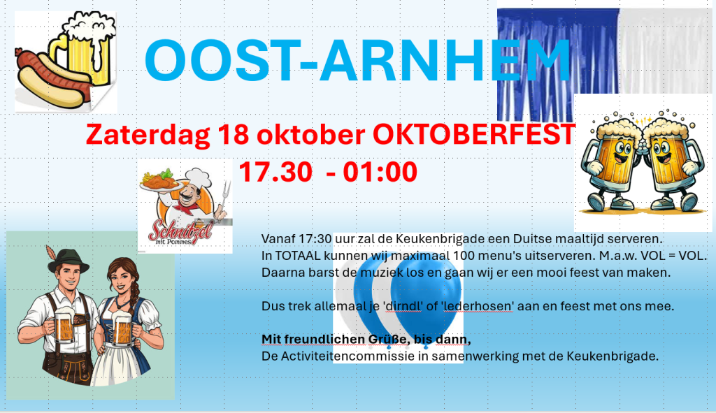 Aanmelden OA Oktoberfest zaterdag 18 oktober 2025. Aanmelden om mee te eten kan nog t/m DINSDAG 14 oktober 23:59.